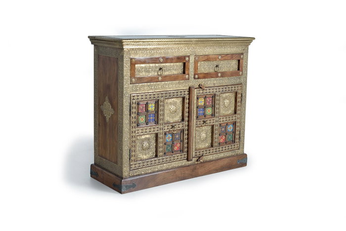 Giner y Colomer Commode en Bois d'Acacia Massif Style Éthnique avec Applications Céramique et Bronze, Coloris Cerisier, 90x105x40 cm